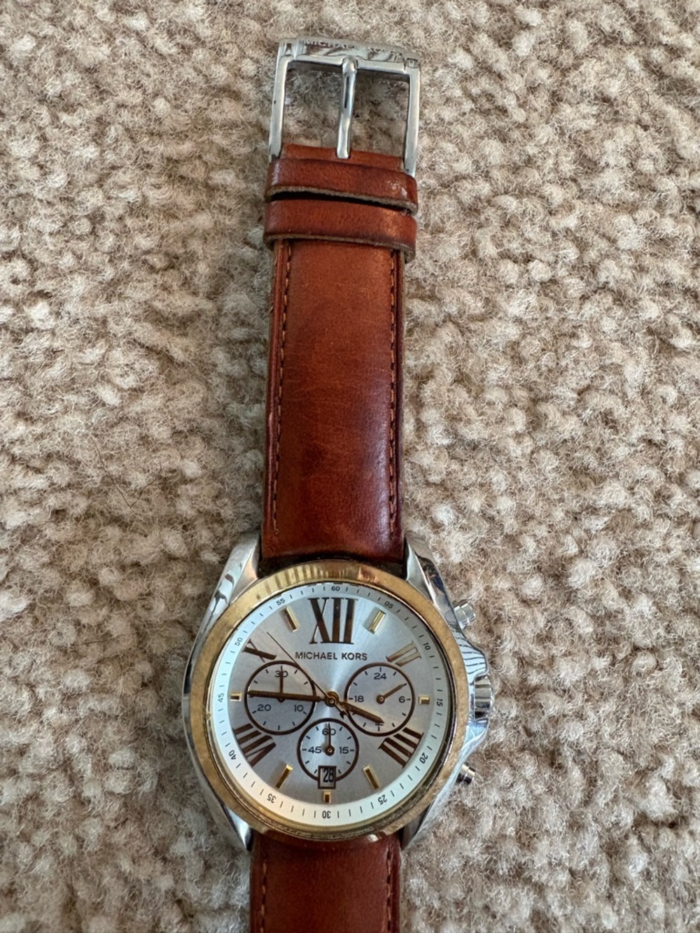 Michael Kors Tan and Silver Leather Strap Chronograph Watch - Picture 2 of 4